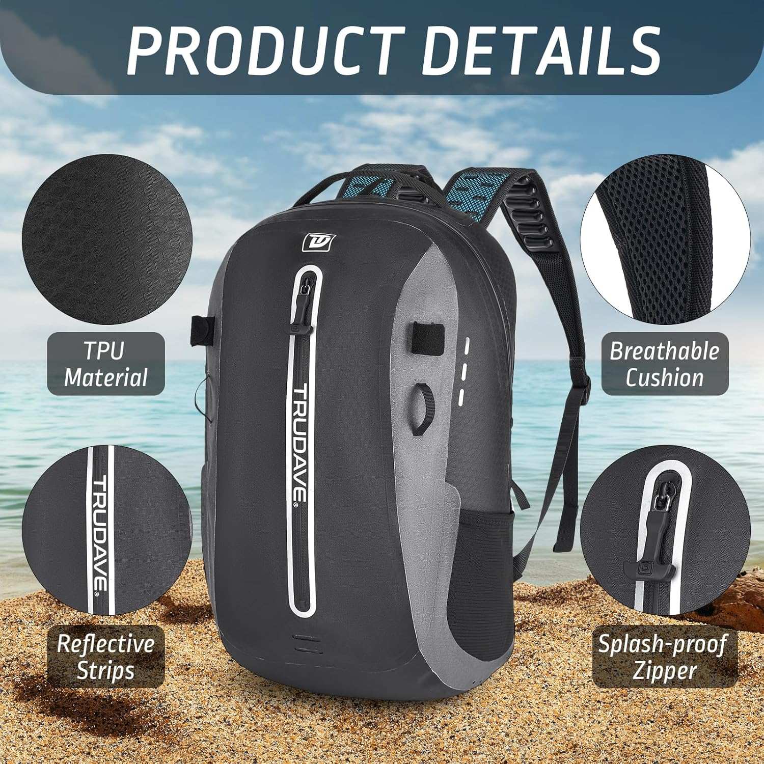 alt="Front view of Trudave FloatPack Series 30L waterproof fishing backpack showing TPU material, reflective strips, breathable cushion back panel, and splash-proof zipper for durable outdoor use"